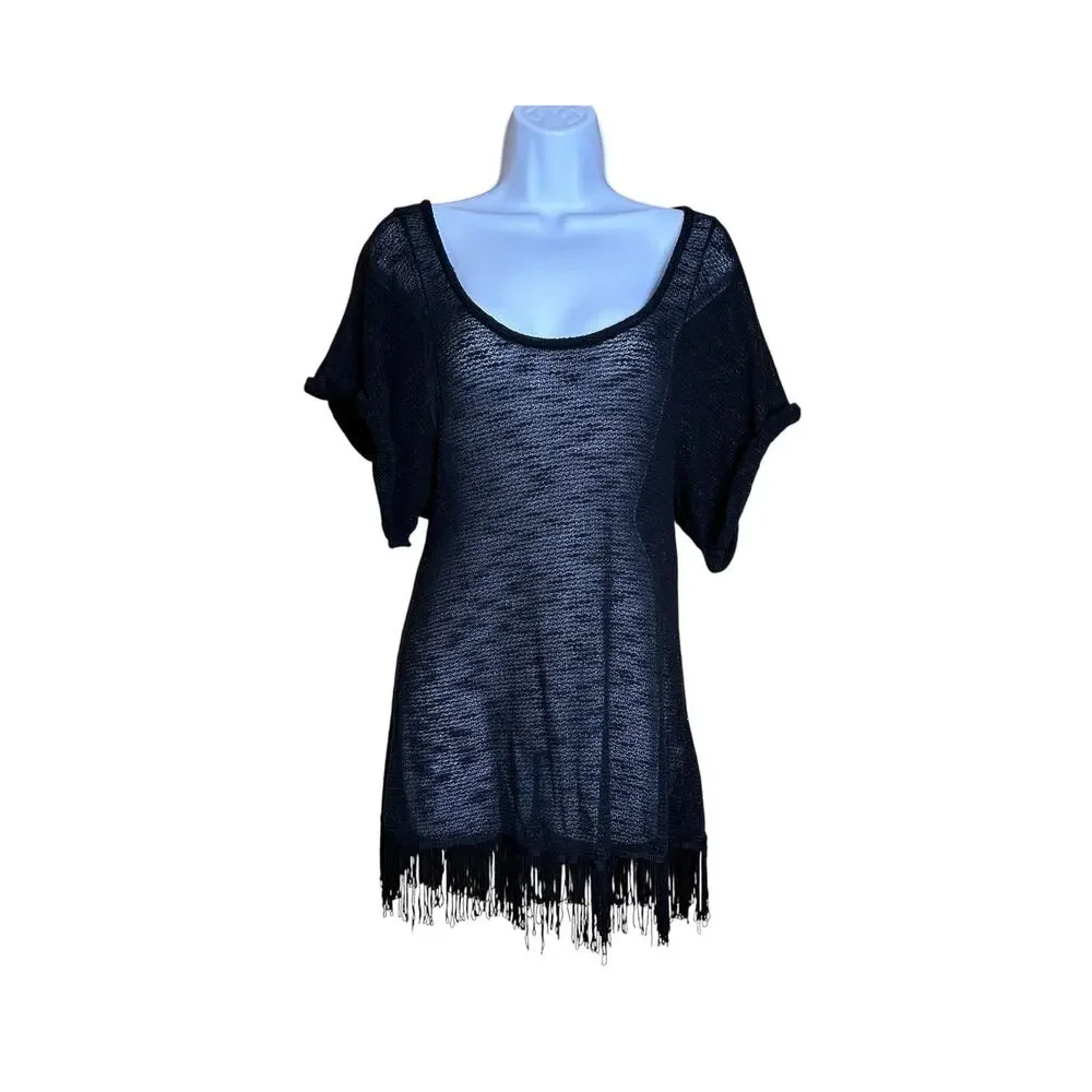 Free People Black Fringe Top Coverup Size S Sheer Knit‎ Boho Festival Tunic